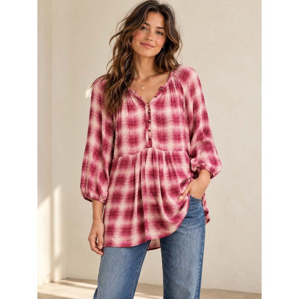ANTHROPOLOGIE MAEVE Calavon Pink Plaid Babydoll Tunic Top Romantic Boho M